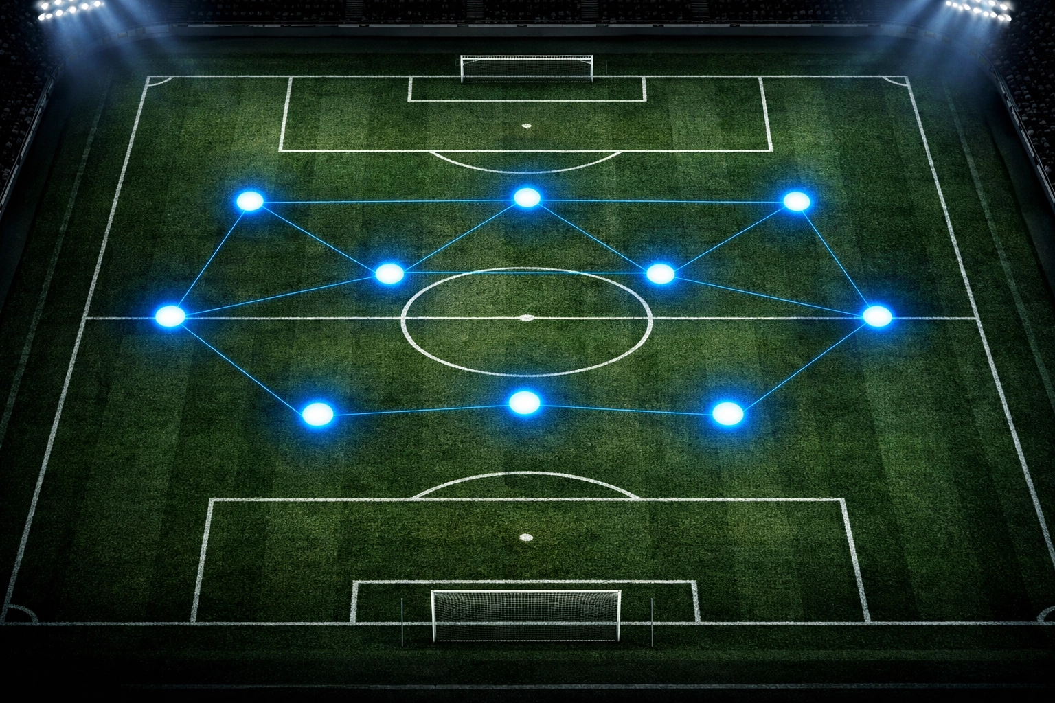 Leverkusens defensive 5-2-3 Formation aus der Vogelperspektive mit taktischen Positionslinien