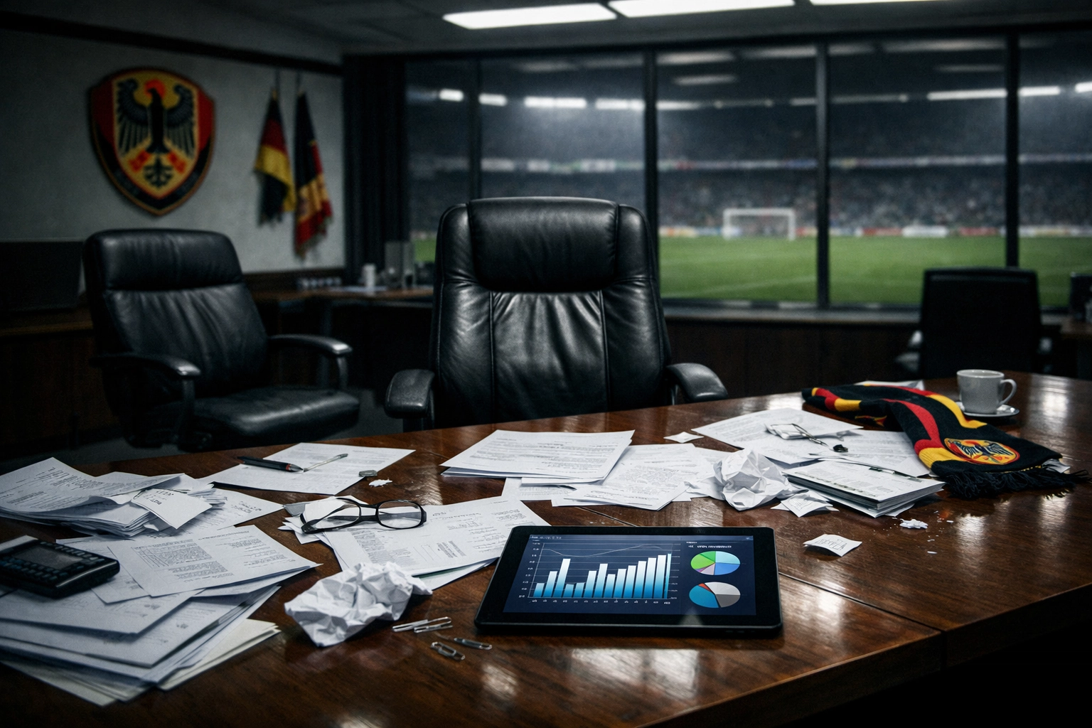 Leerer Vorstandsraum symbolisiert Führungskrise bei TSG Hoffenheim trotz Champions-League-Kurs