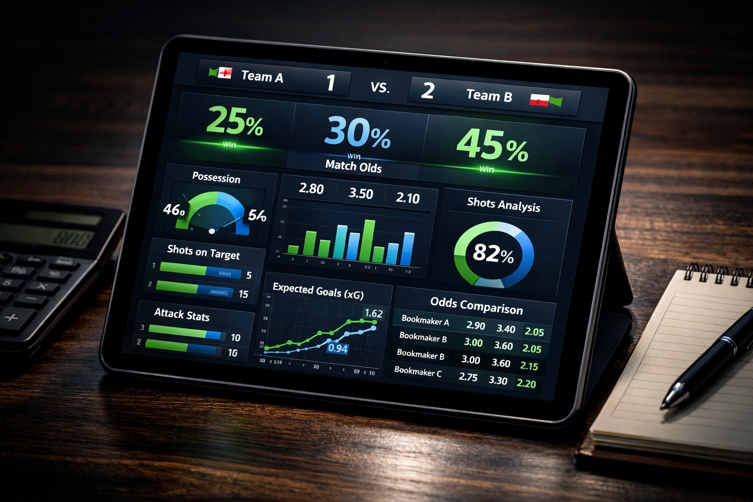 Analytics Dashboard mit Sportwetten-Statistiken, Wahrscheinlichkeiten und Quotenvergleich für Value Betting