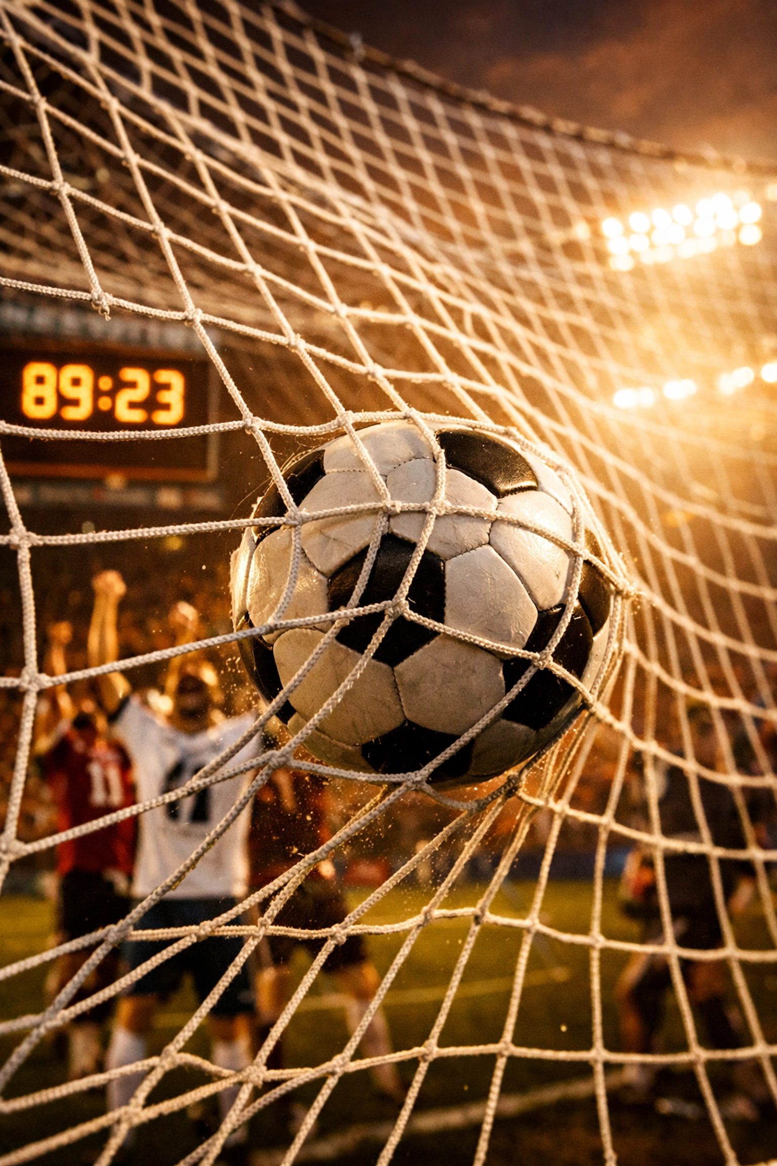 Tor in der Schlussphase eines Fußballspiels durch das Tornetz fotografiert