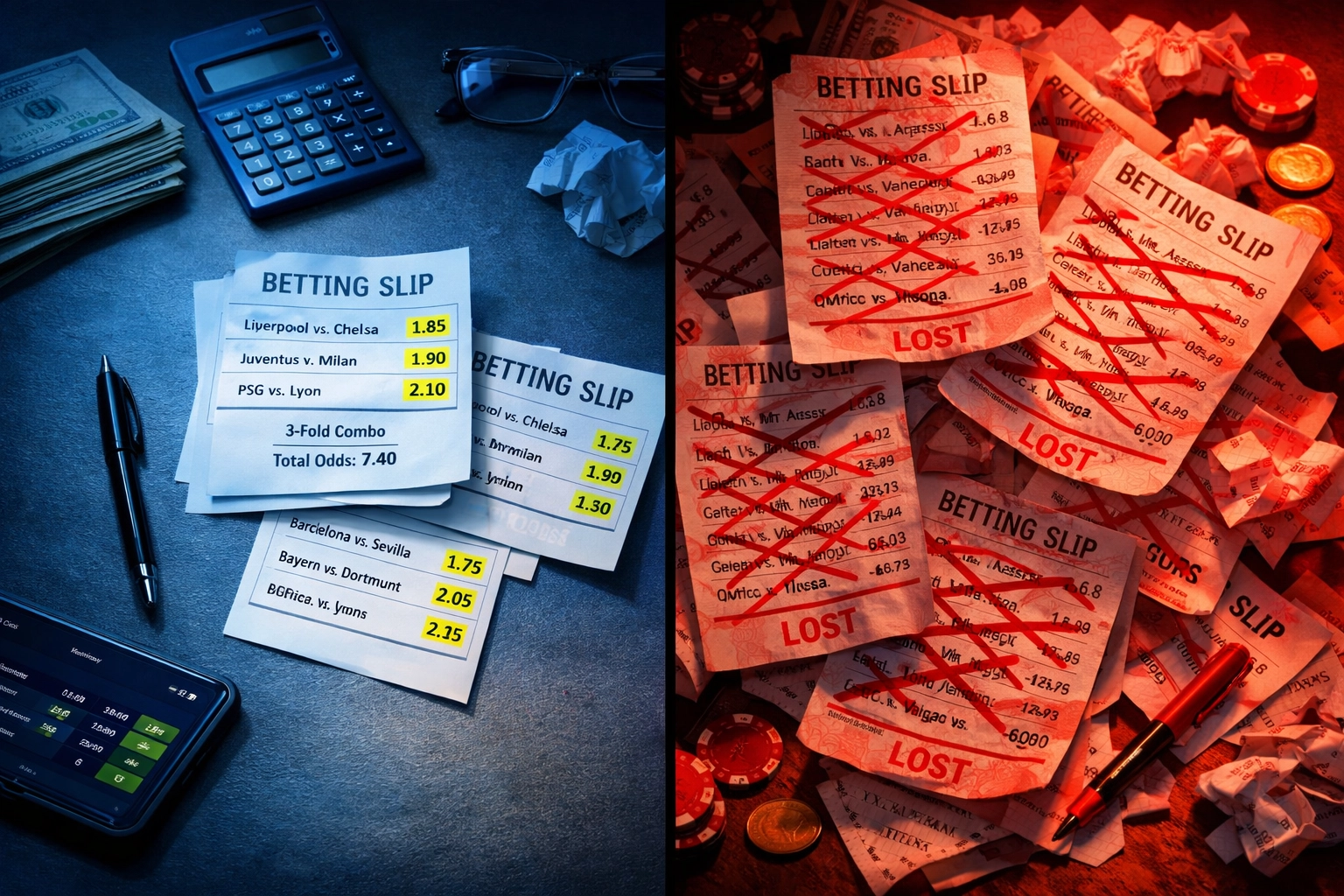 Vergleich organisierte 2-3er Kombiwetten versus chaotische 6-8er Kombis mit Verlustscheinen