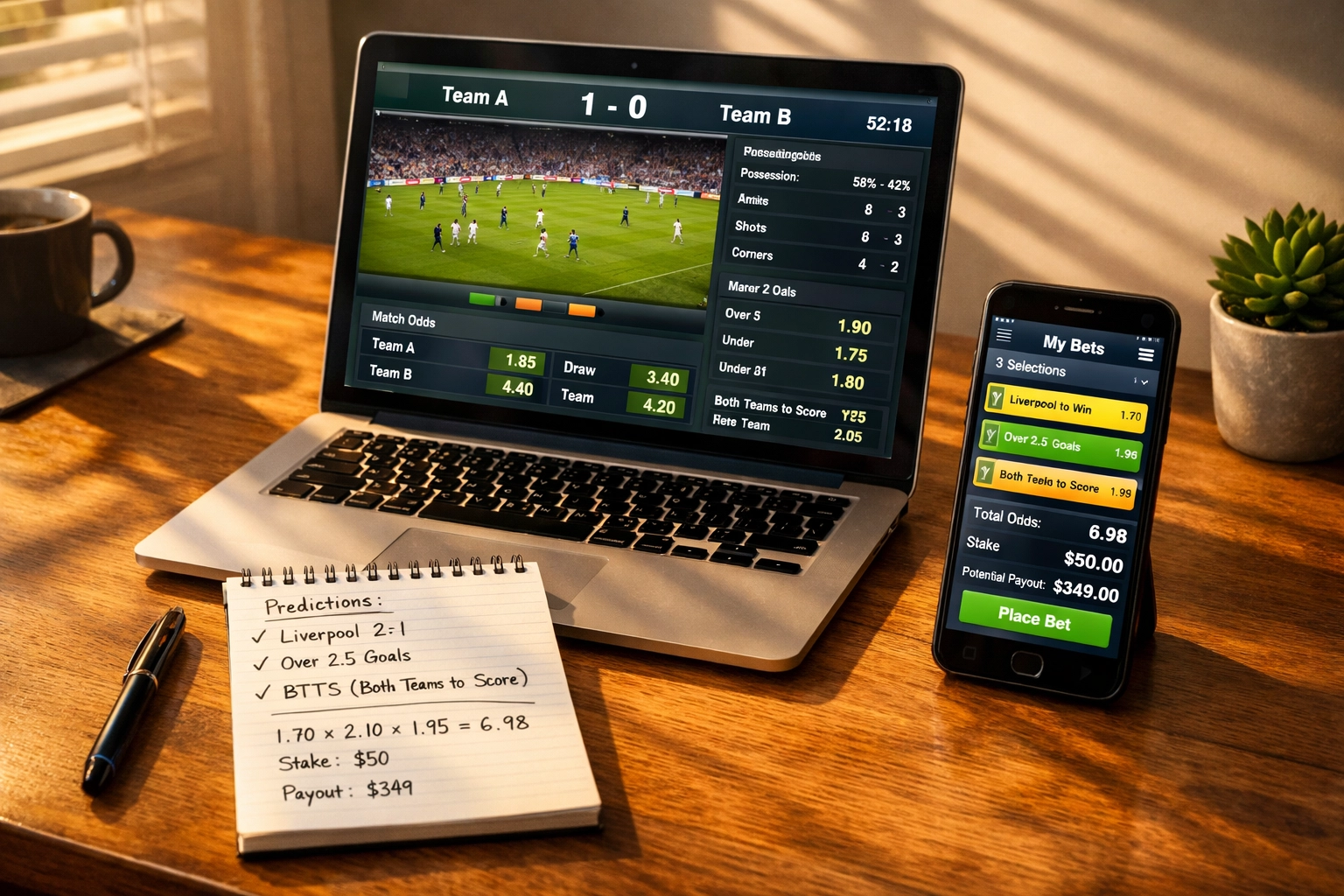 Sportwetten-Analyse mit Laptop, Smartphone und Wettquoten für Favoriten-Kombi