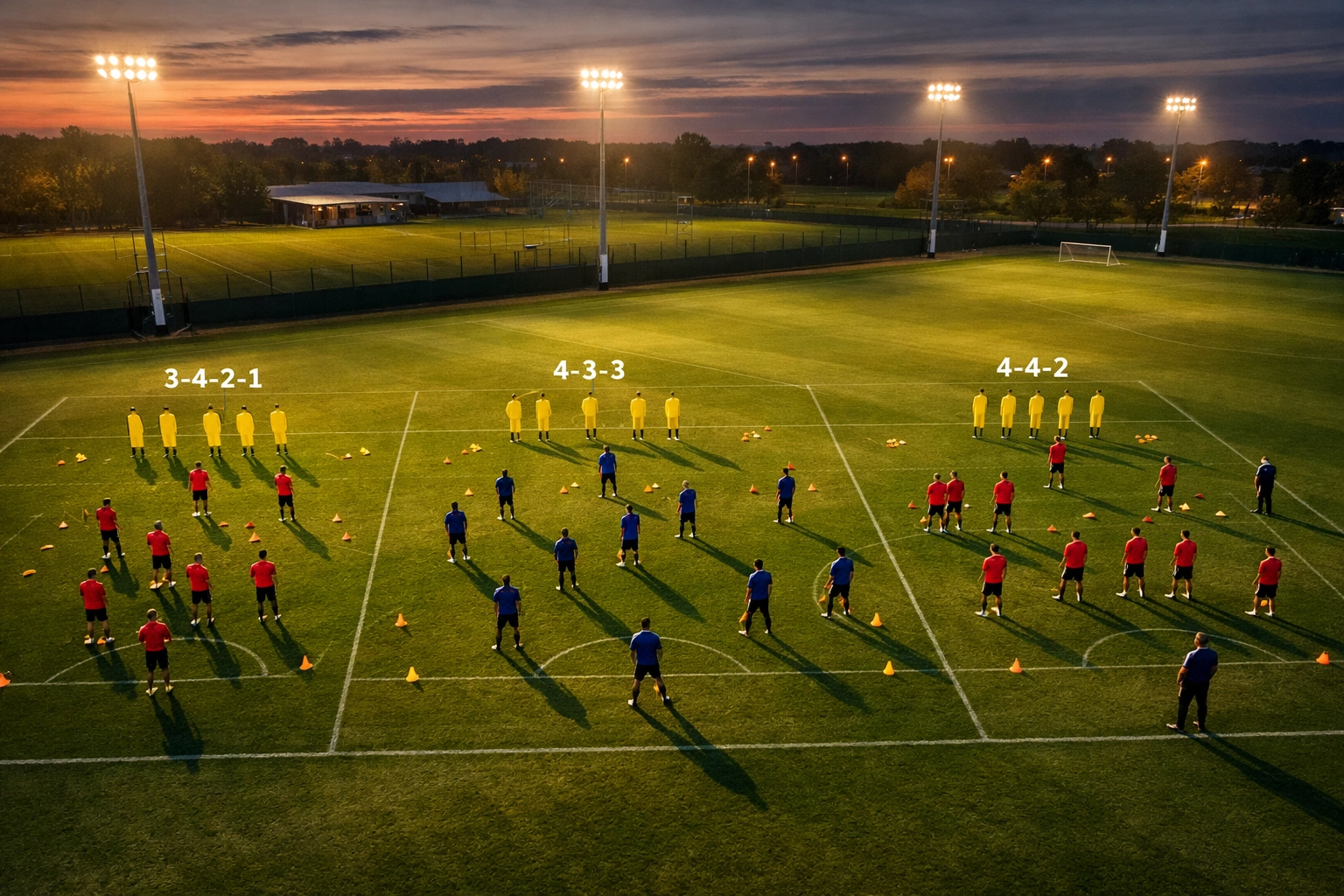 Trainingsplatz mit drei verschiedenen Fußball-Formationen 3-4-2-1, 4-3-3 und 4-4-2