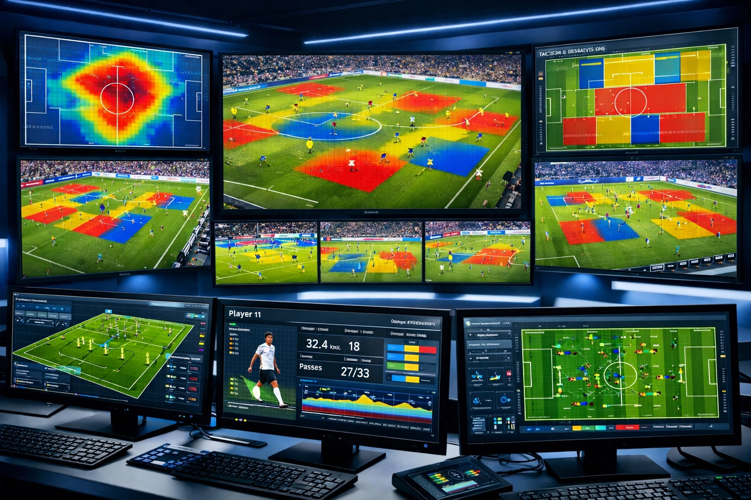 Analysezentrum mit Pressing-Zonen und Heatmaps zur taktischen Auswertung im Fußball