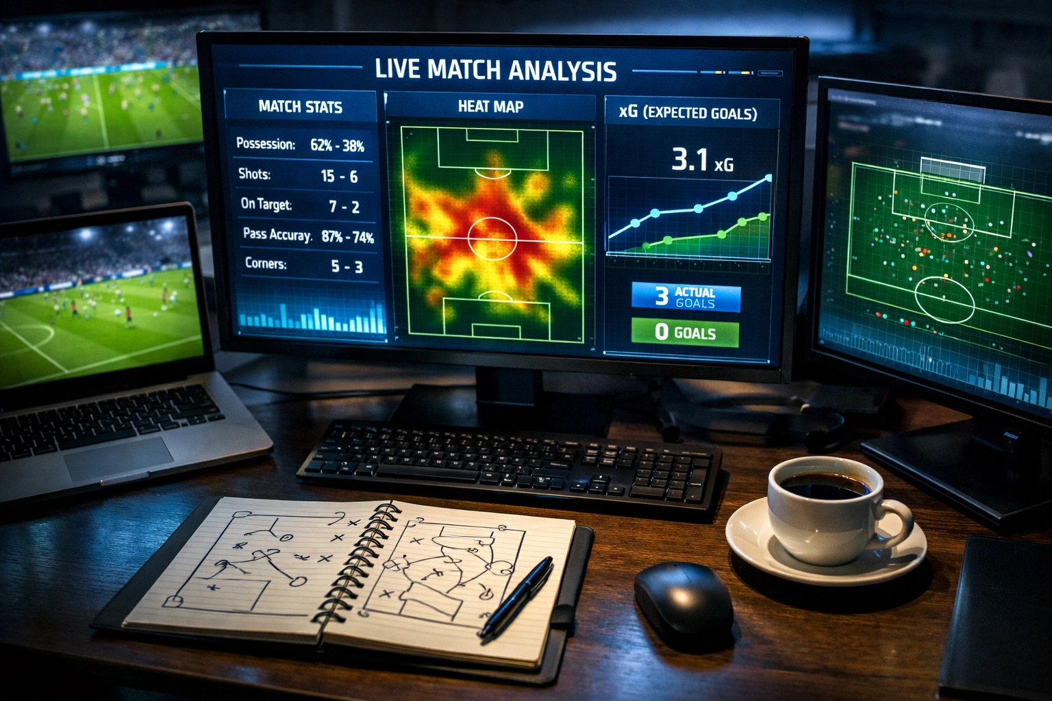 Sportwetten-Analyse mit xG-Statistiken und Datenvisualisierung auf Monitoren
