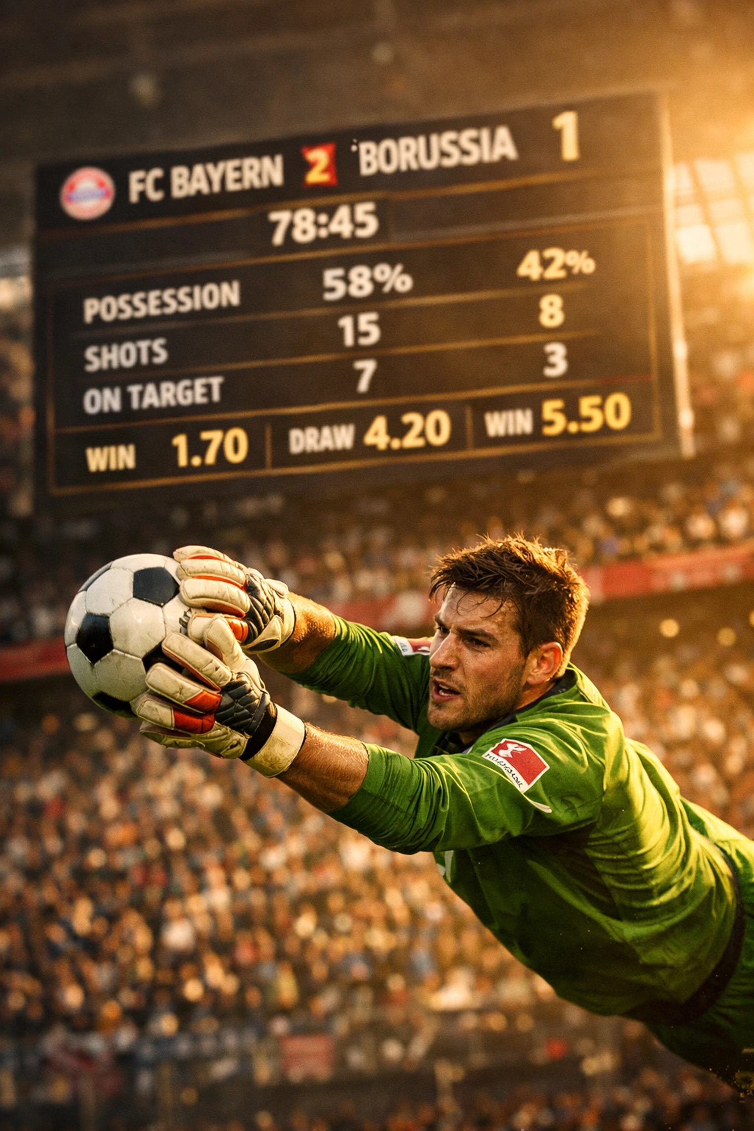 Bundesliga Torwart im Einsatz mit Wettquoten und Spielstatistiken auf Anzeigetafel