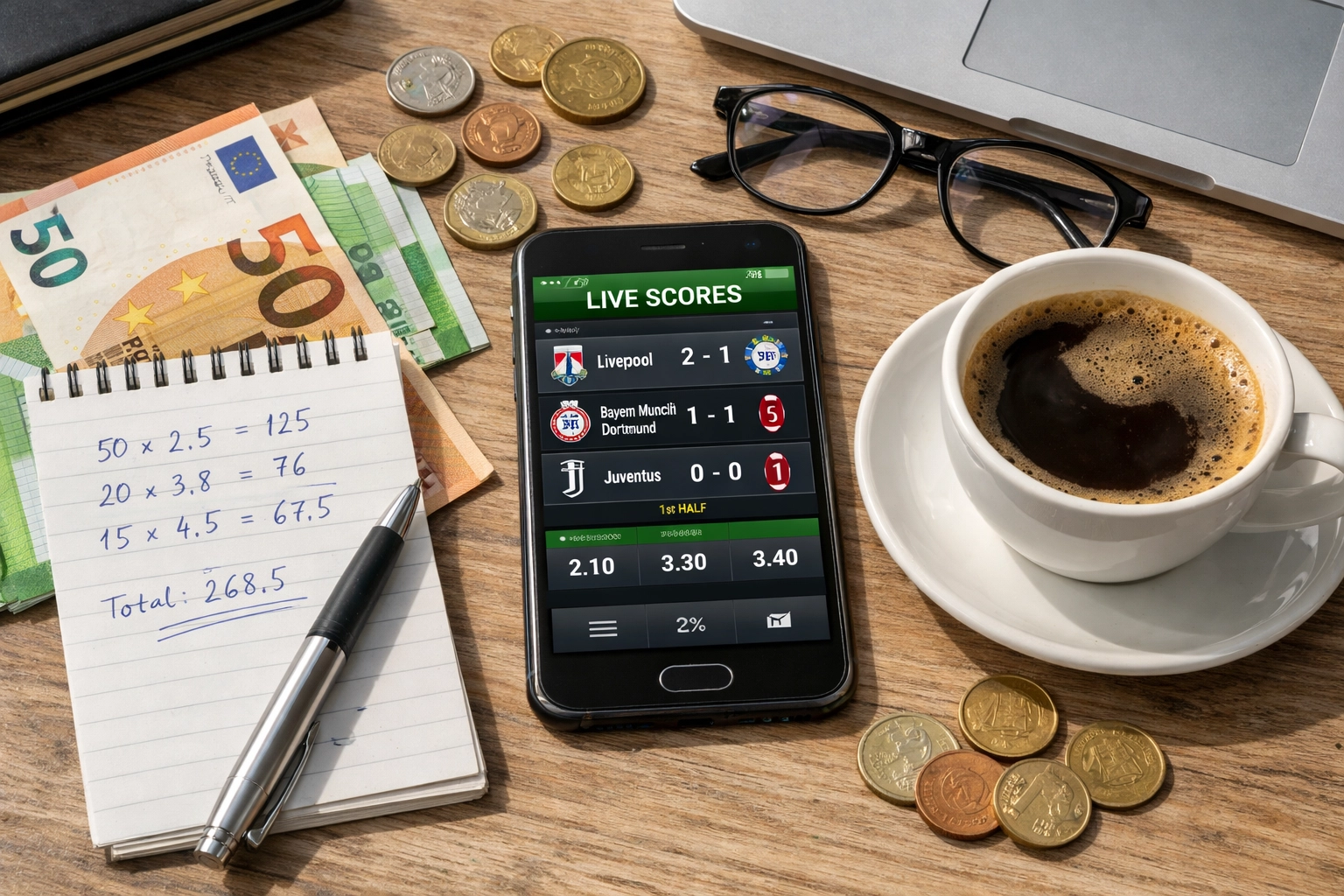 Arbeitsplatz mit Sportergebnissen, Notizen und Geld illustriert Datenanalyse und Ankereffekte bei Wetten