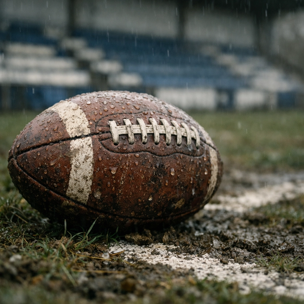Fußball auf nassem Rasen in leerem Stadion symbolisiert Bundesliga Abstiegskampf