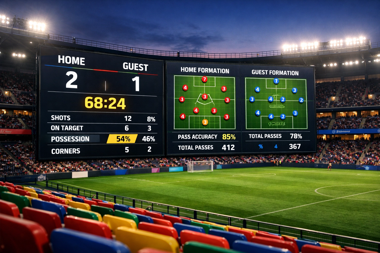 Premier League Stadion Anzeigetafel mit Spielstatistiken und Taktikanalyse