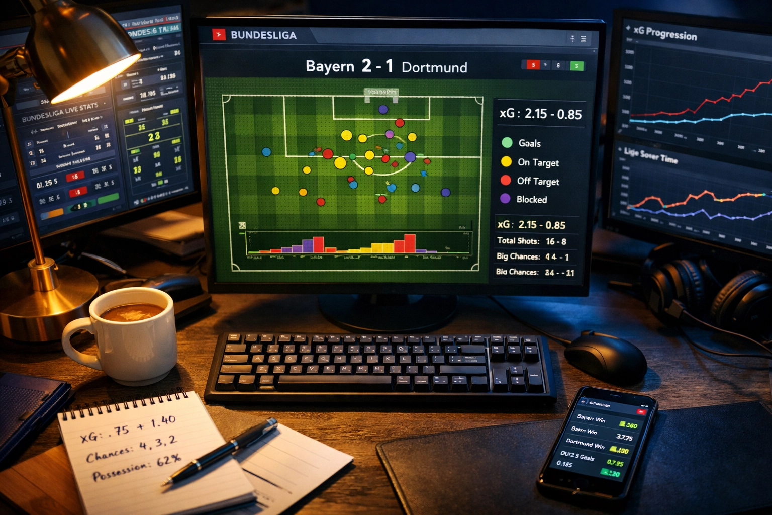 Arbeitsplatz eines Wettanalysten mit Bundesliga xG-Statistiken und Live-Quoten