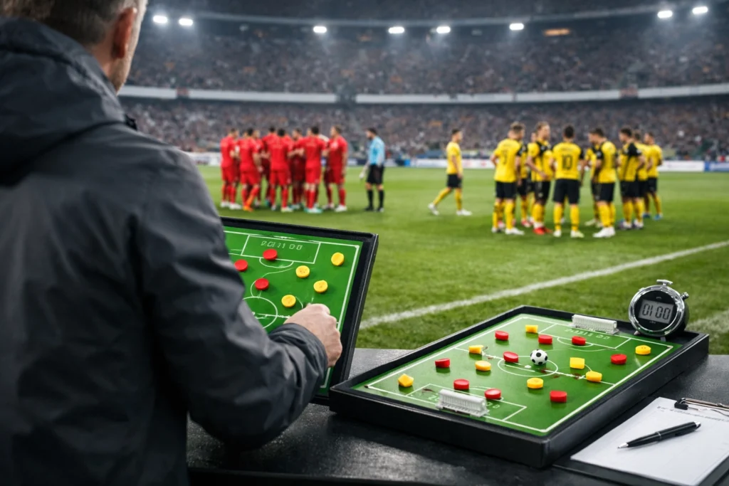 Trainer vor einer Taktiktafel am Rand eines Fußballfeldes