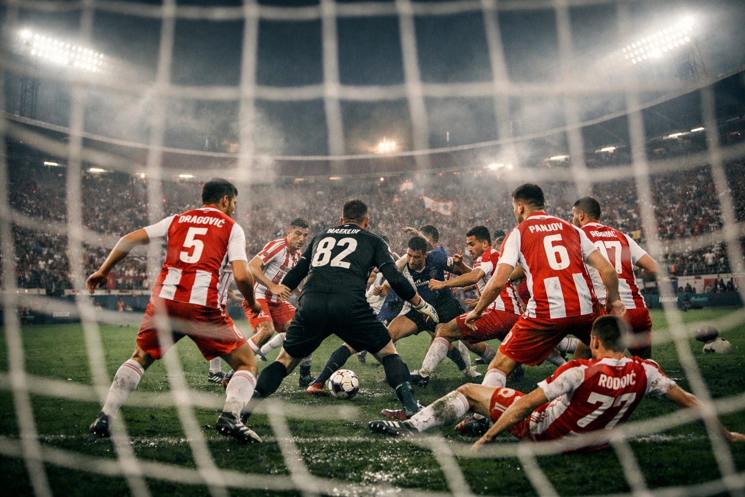 Roter Stern Belgrad Defensive unter Druck im Stadion bei Champions League Spiel