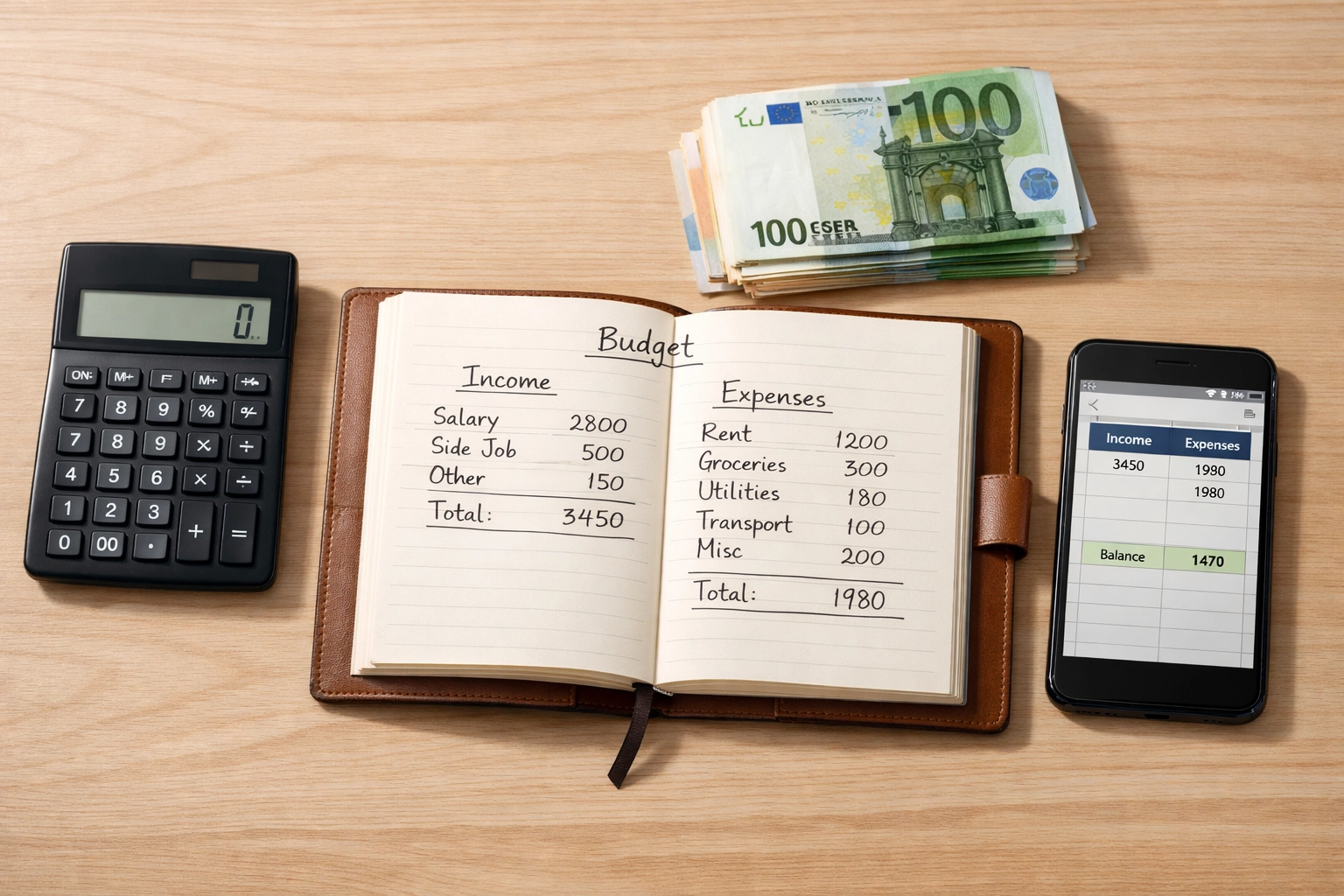 Bankroll-Planung mit Notizbuch, Taschenrechner und Euro-Banknoten für systematisches Wettbudget