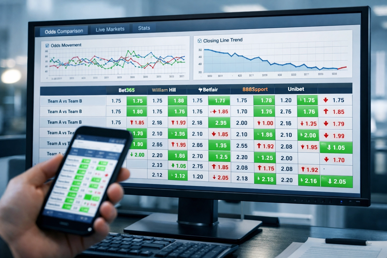 Quotenvergleich Dashboard mit Closing Line Bewegungen verschiedener Buchmacher