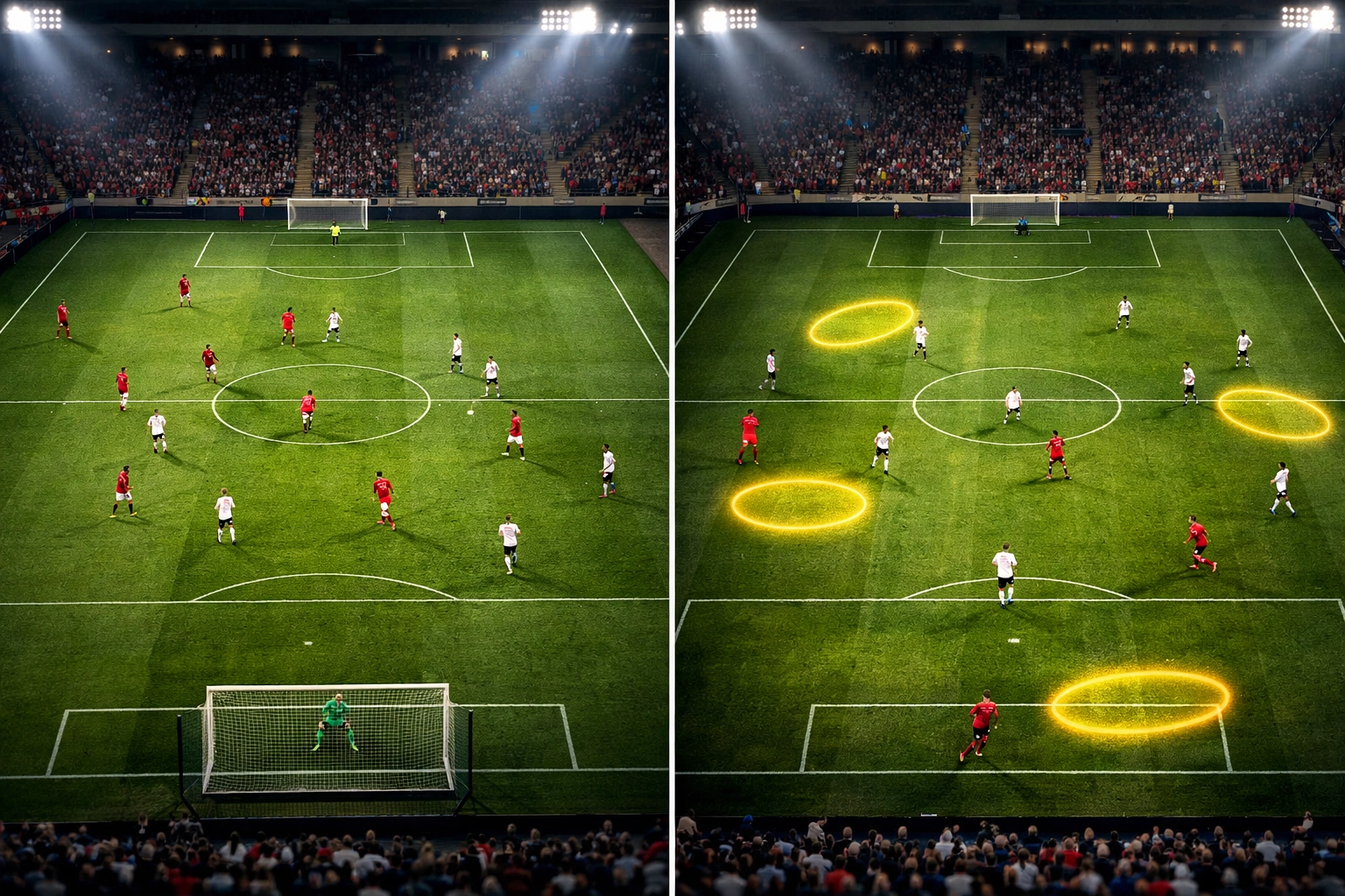 Fußballfeld mit Offensive und defensiven Schwächen bei BTTS-Analyse