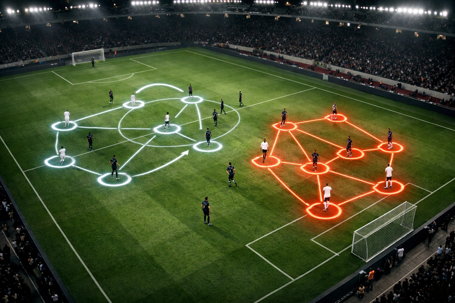 Taktische Analyse einer Fußball-Formation mit digitalen Overlays im Champions League Stadion.