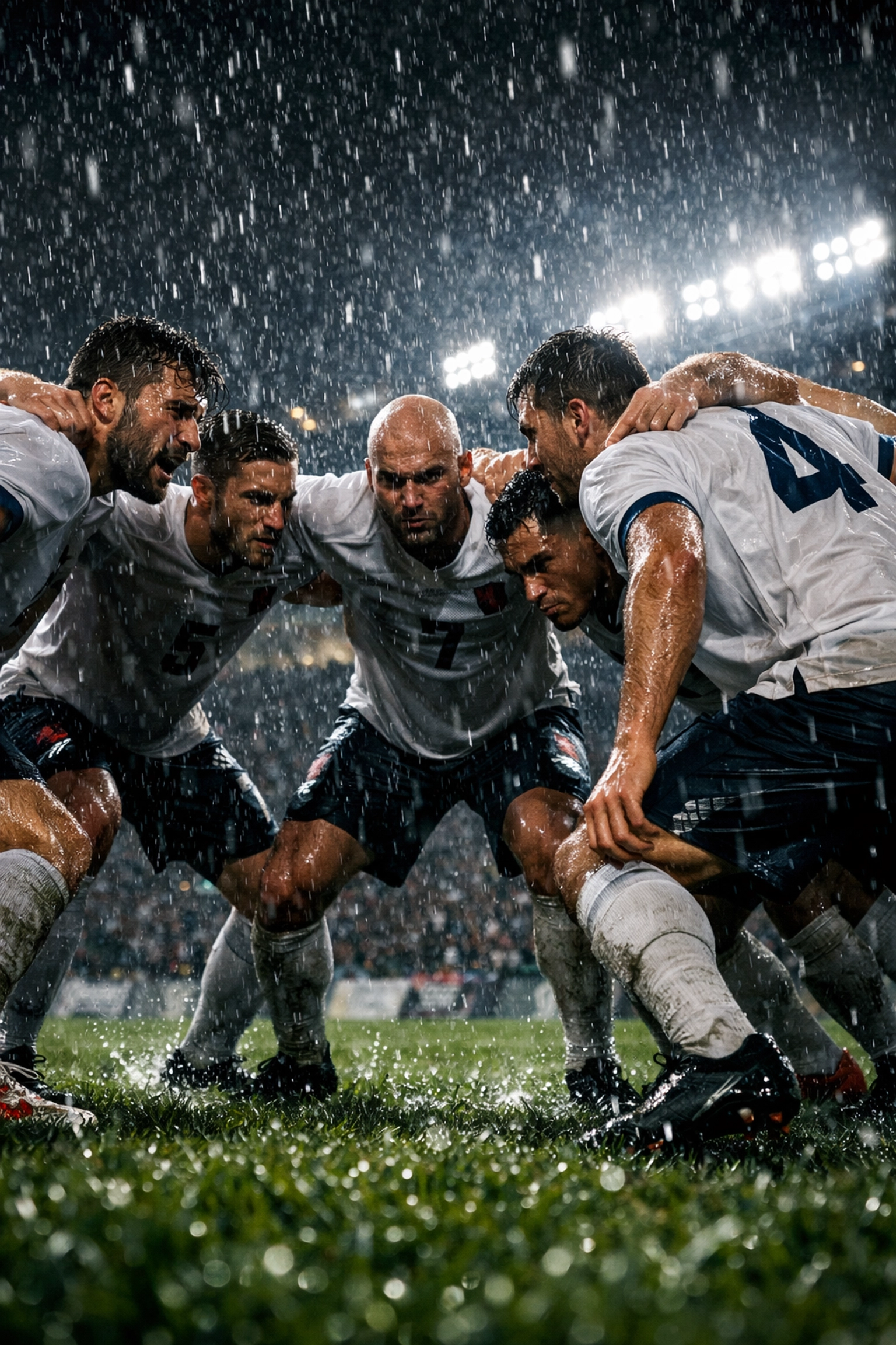 Mannschaftskreis bei Flutlicht symbolisiert defensive Kompaktheit und mentale Stärke im Fußball.