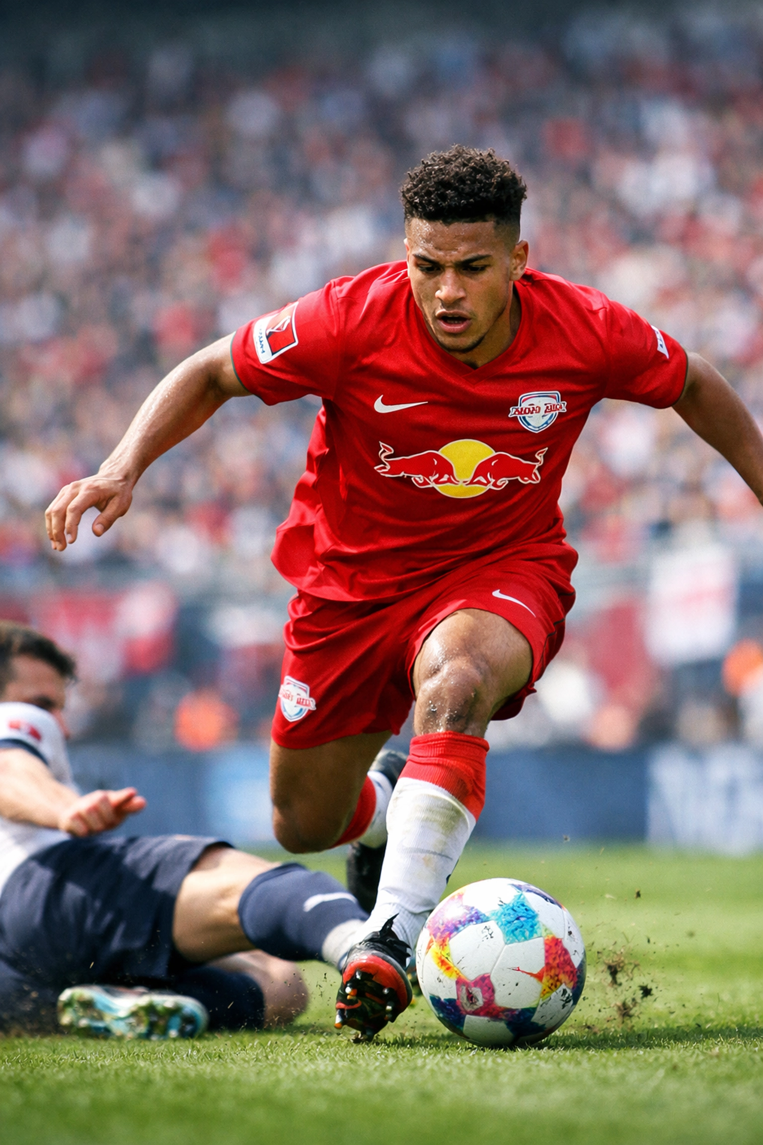 RB Leipzig Flügelspieler beim Dribbling im Bundesliga-Spiel - explosive Geschwindigkeit