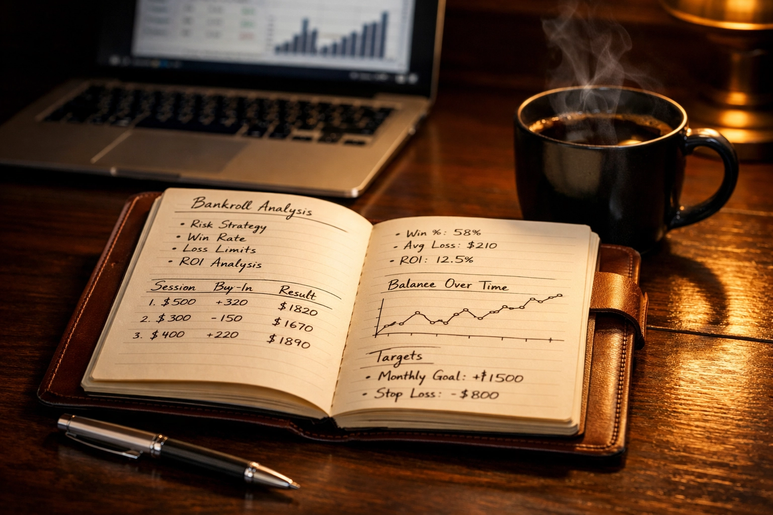 Wett-Tracking Journal mit analytischen Notizen und Performance Daten auf Laptop