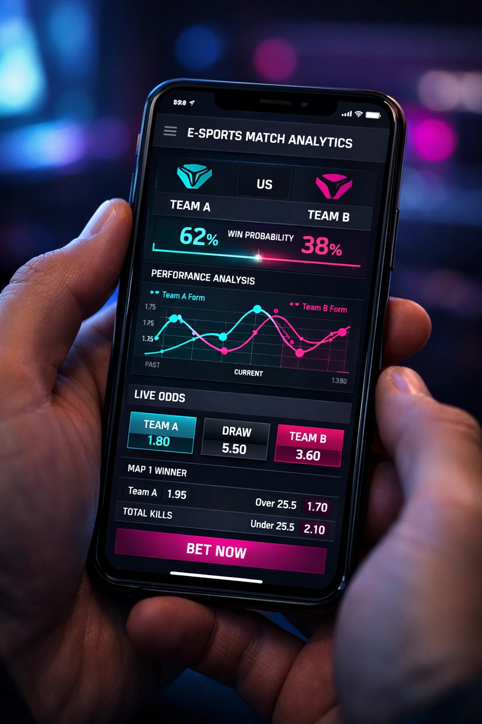 Smartphone-App mit eSports-Wetten-Analytics zeigt Vorhersagen und Live-Quoten