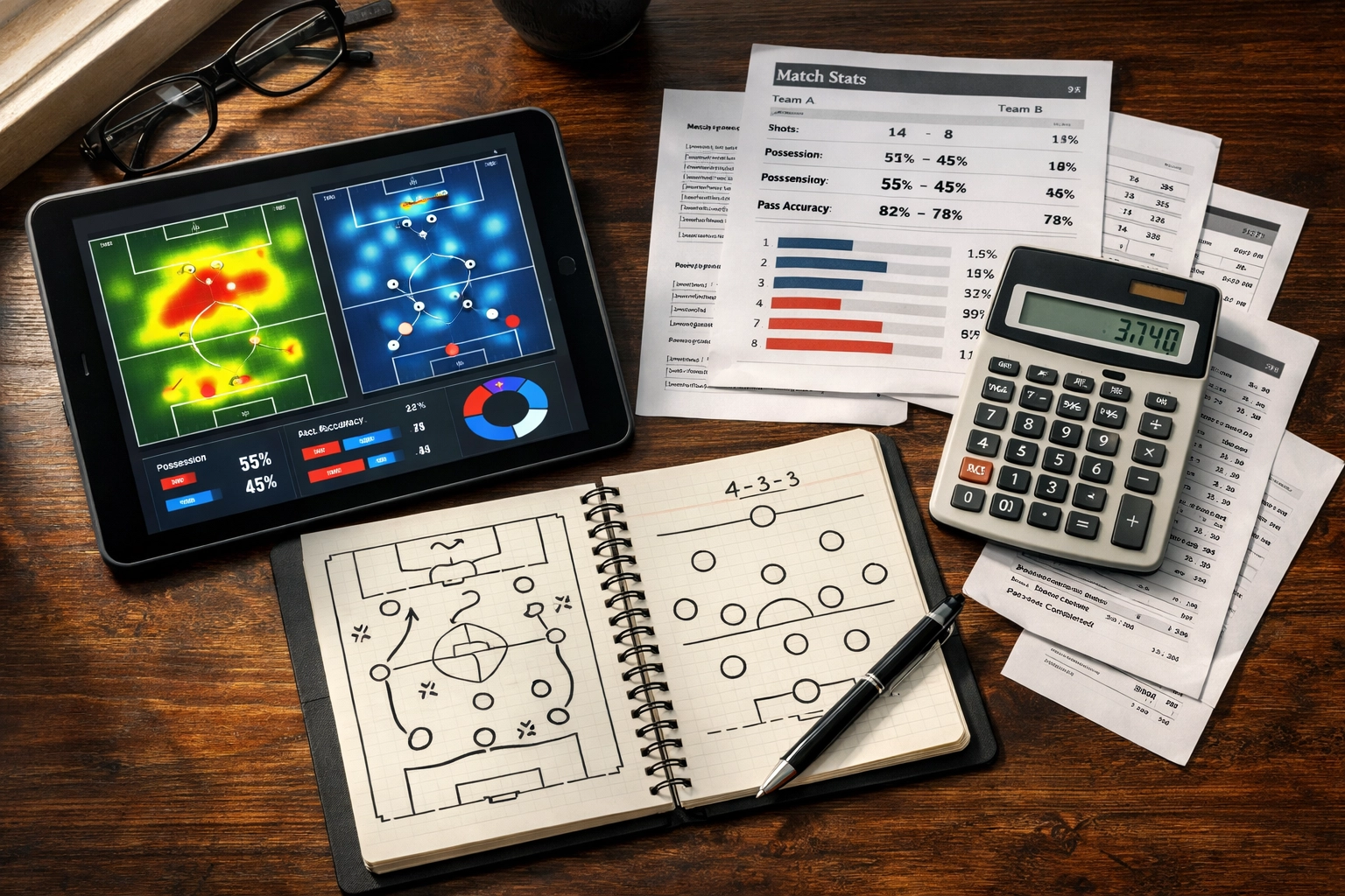 Taktische Fußballanalyse mit Statistiken und Datenauswertung auf Schreibtisch