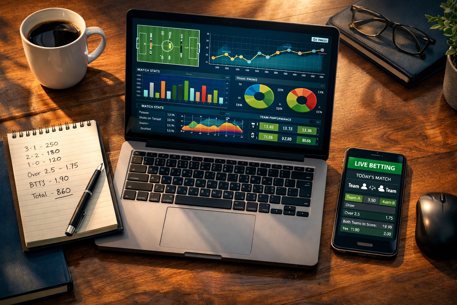 Arbeitsplatz mit Laptop zeigt Fußball-Statistiken und Wett-Analysen für fundierte Sportwetten Tipps