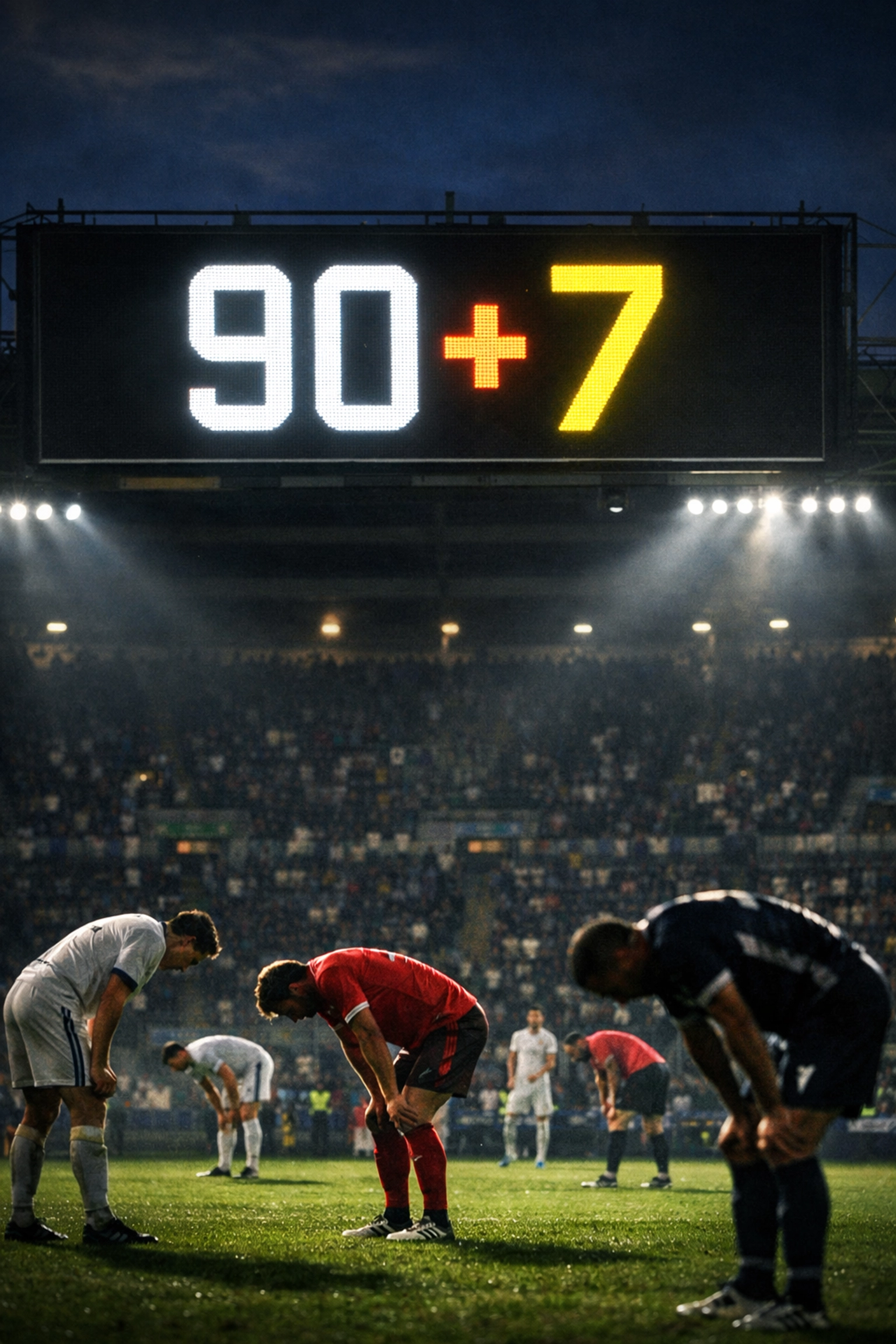 Bundesliga-Anzeigetafel zeigt 90+7 Minuten Nachspielzeit - erschöpfte Spieler auf dem Platz