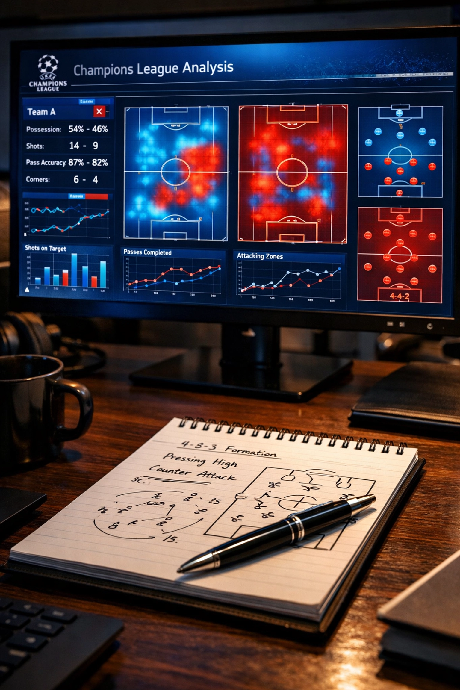 Champions League Datenanalyse mit Statistiken und taktischen Formationen am Arbeitsplatz