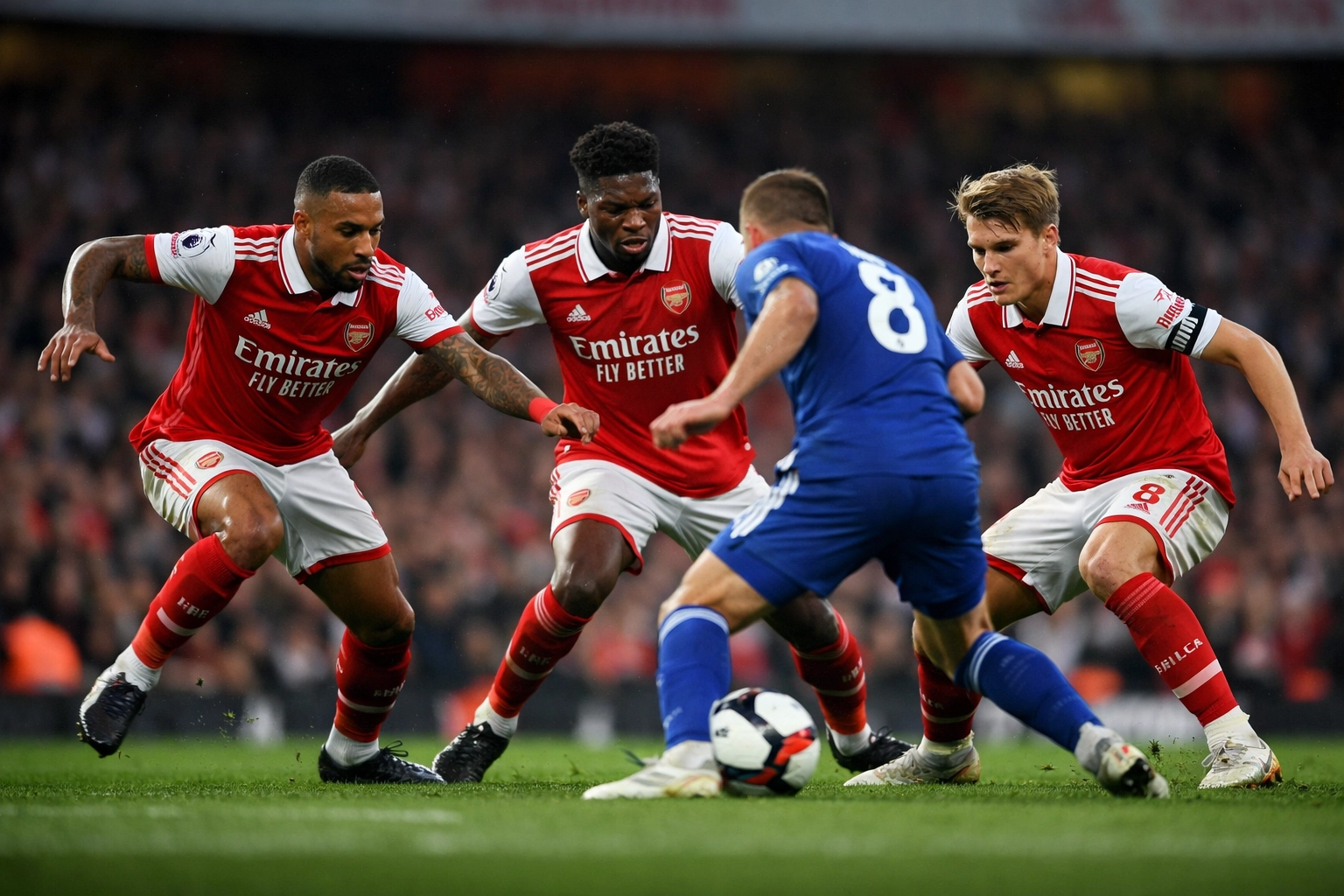 Arsenal Spieler im koordinierten Pressing gegen Gegner in der Premier League