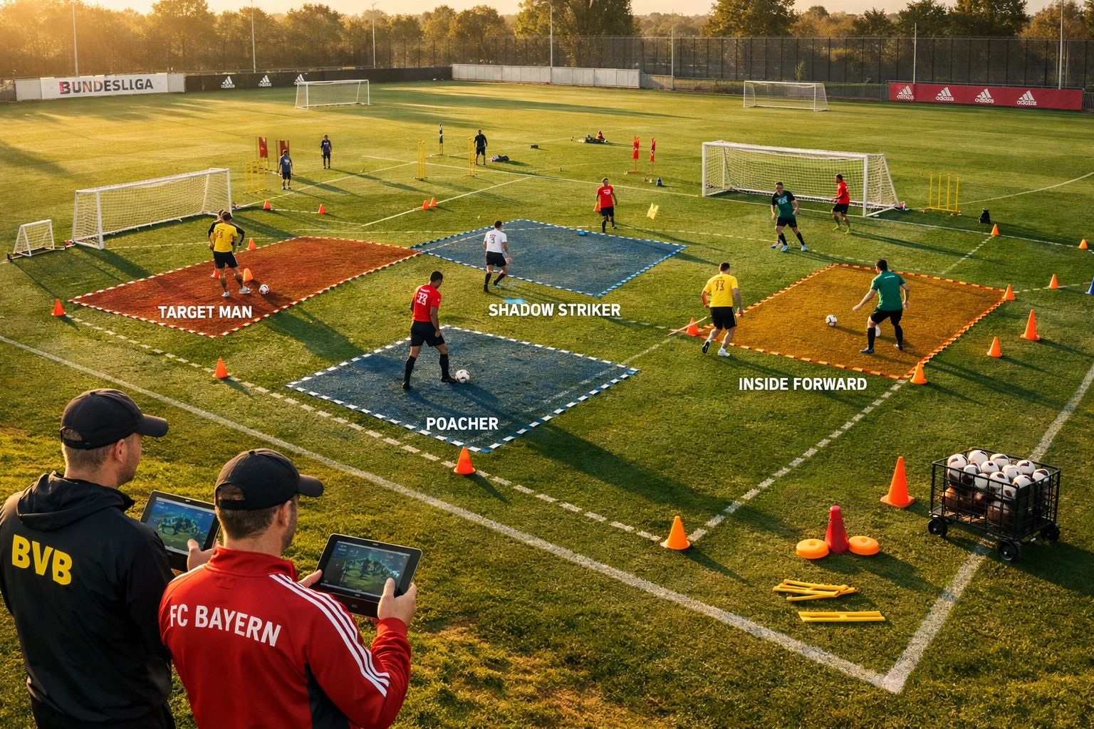 Bundesliga-Trainingssession mit Stürmern beim Üben verschiedener taktischer Positionierungen