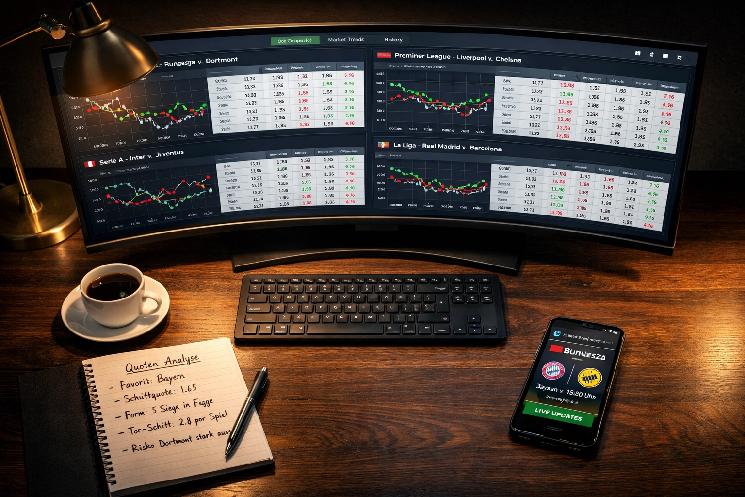 Professionelle Quotenanalyse mit Vergleichscharts und Trendlinien am Arbeitsplatz