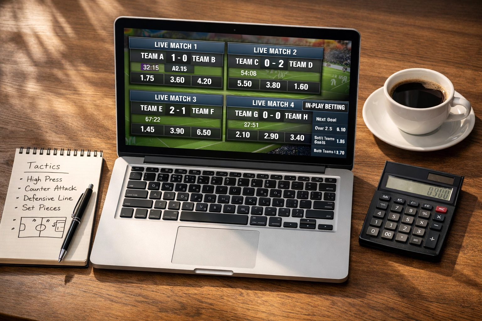 Strategische Kombiwetten-Planung mit Laptop, Notizen und Quotenanalyse auf dem Schreibtisch