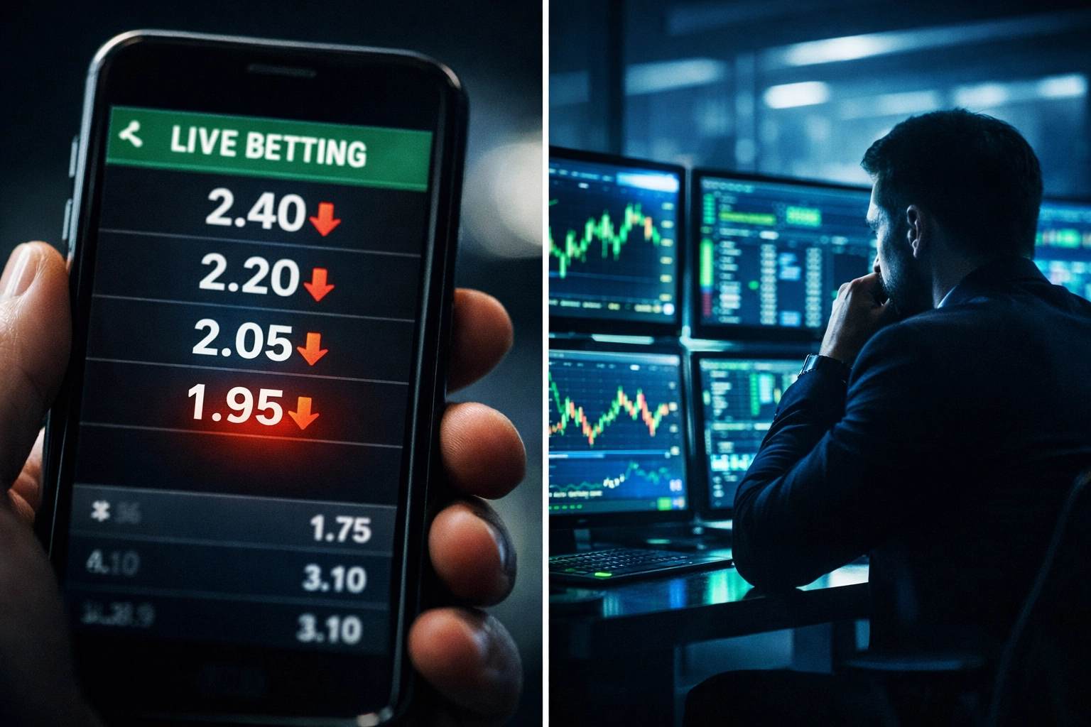 Fallende Wettquoten auf Smartphone-Display und professionelle Quotenanalyse am Trading-Desk