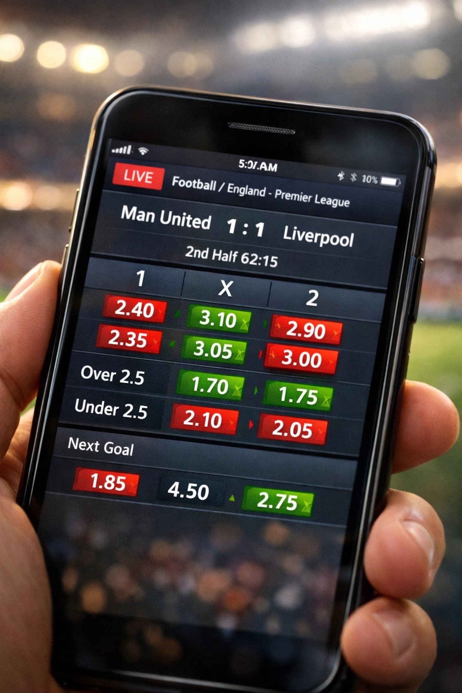 Sportwetten-App zeigt schwankende Quoten kurz vor Spielbeginn auf Smartphone