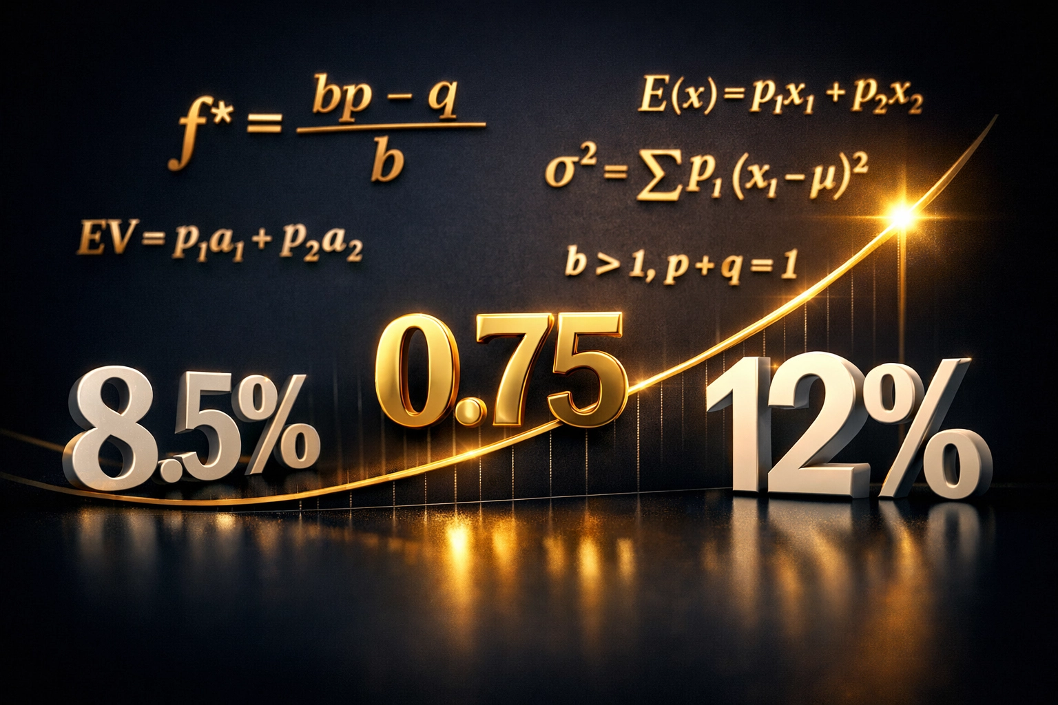 Kelly-Kriterium Formel mit mathematischen Berechnungen und Prozentsätzen zur Einsatzoptimierung