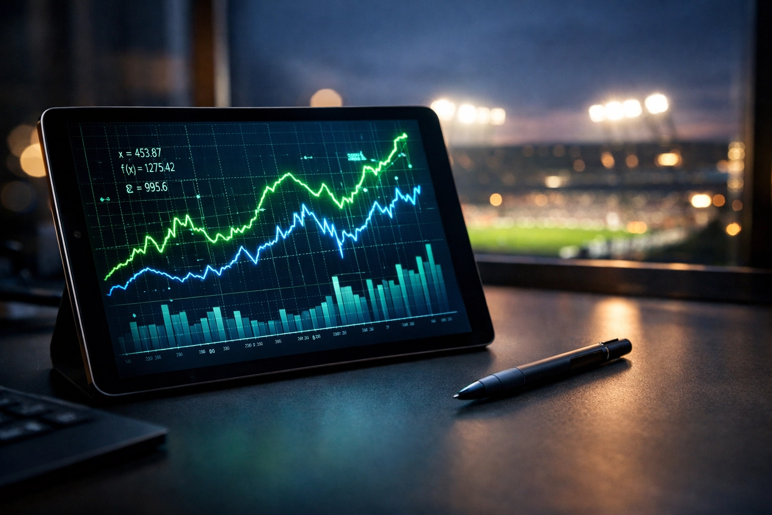 Analyse von Markttrends und Wahrscheinlichkeitsberechnung am Spieltag auf einem Tablet.