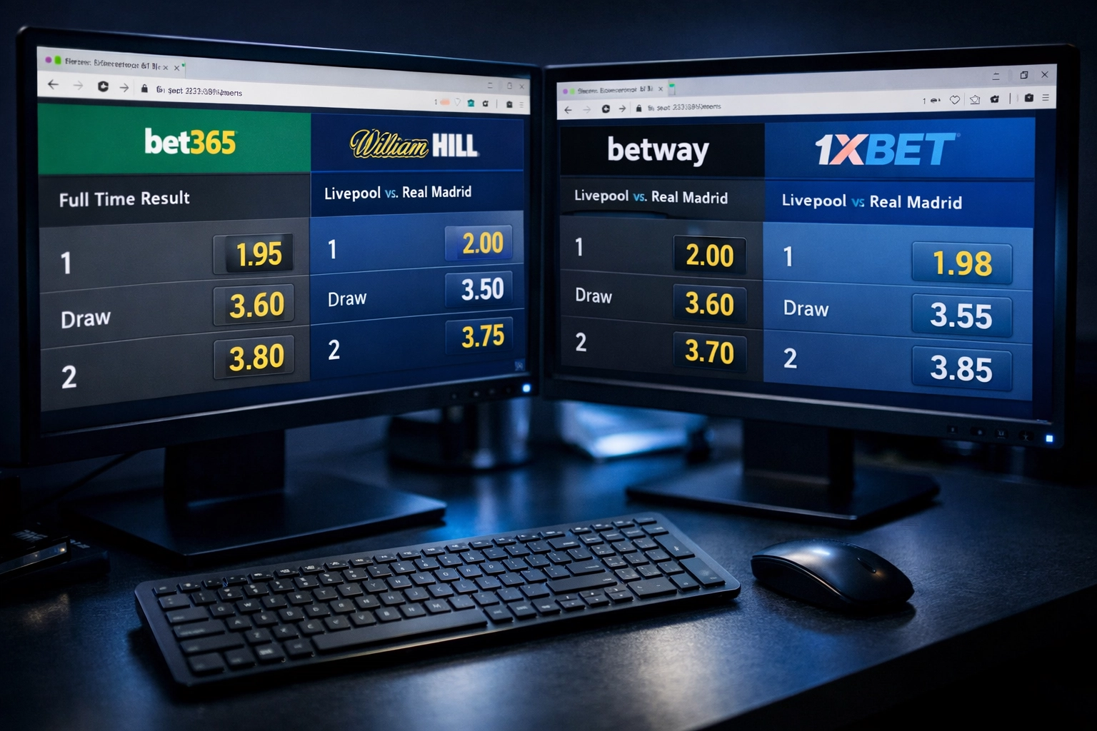 Zwei Monitore zeigen Quotenvergleich verschiedener Wettanbieter für Value-Wetten