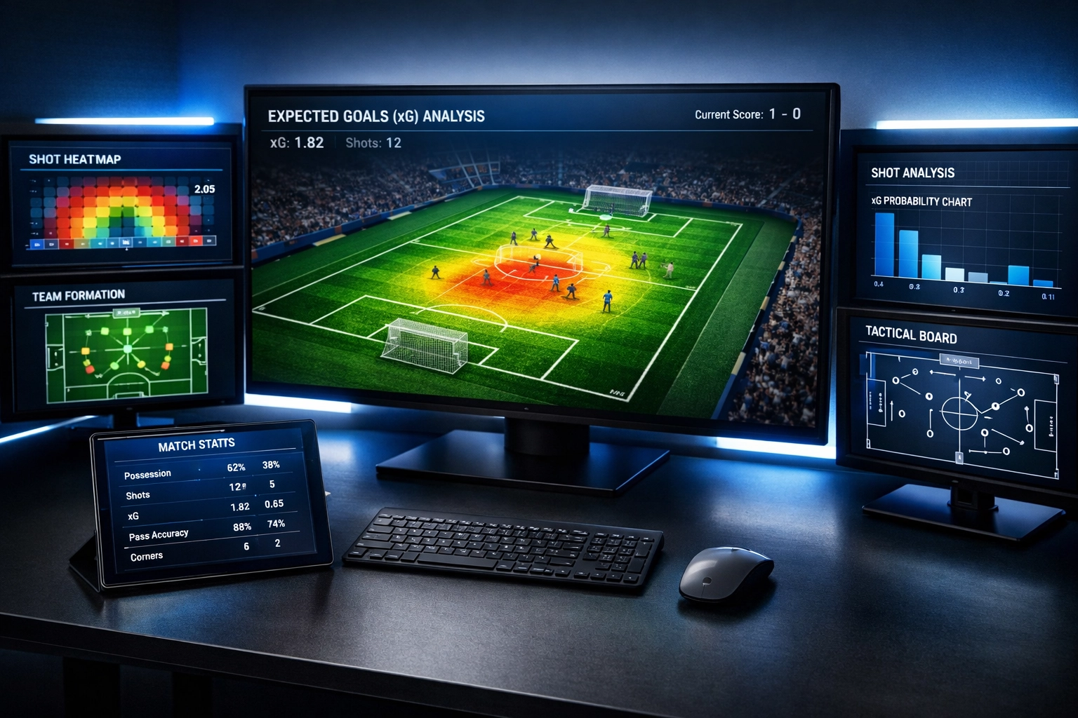 Expected Goals (xG) Analyse-Dashboard mit taktischen Formationen und Heatmaps
