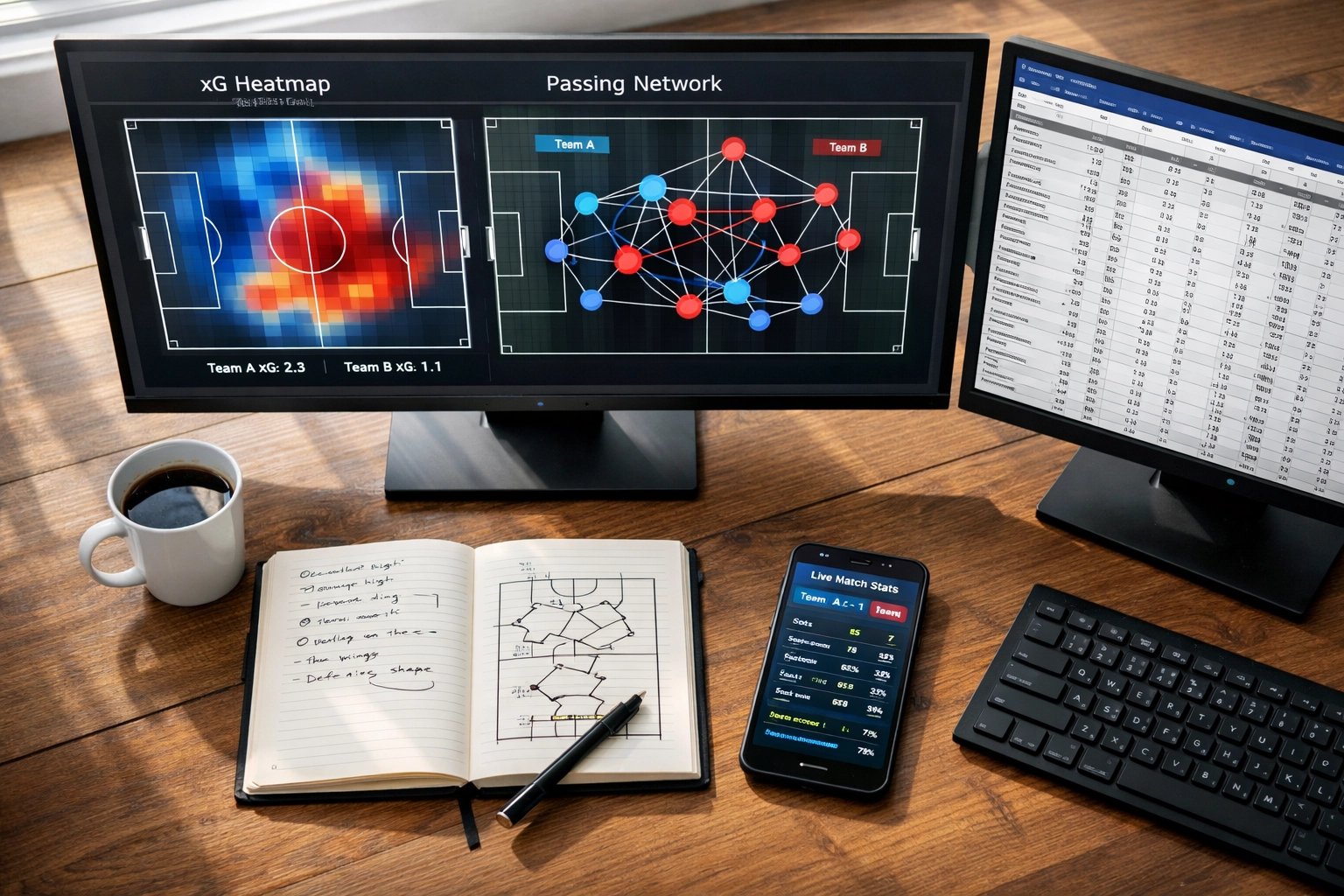 Datenanalyse-Arbeitsplatz mit xG-Statistiken und Fußball-Heatmaps für Value Betting Strategie