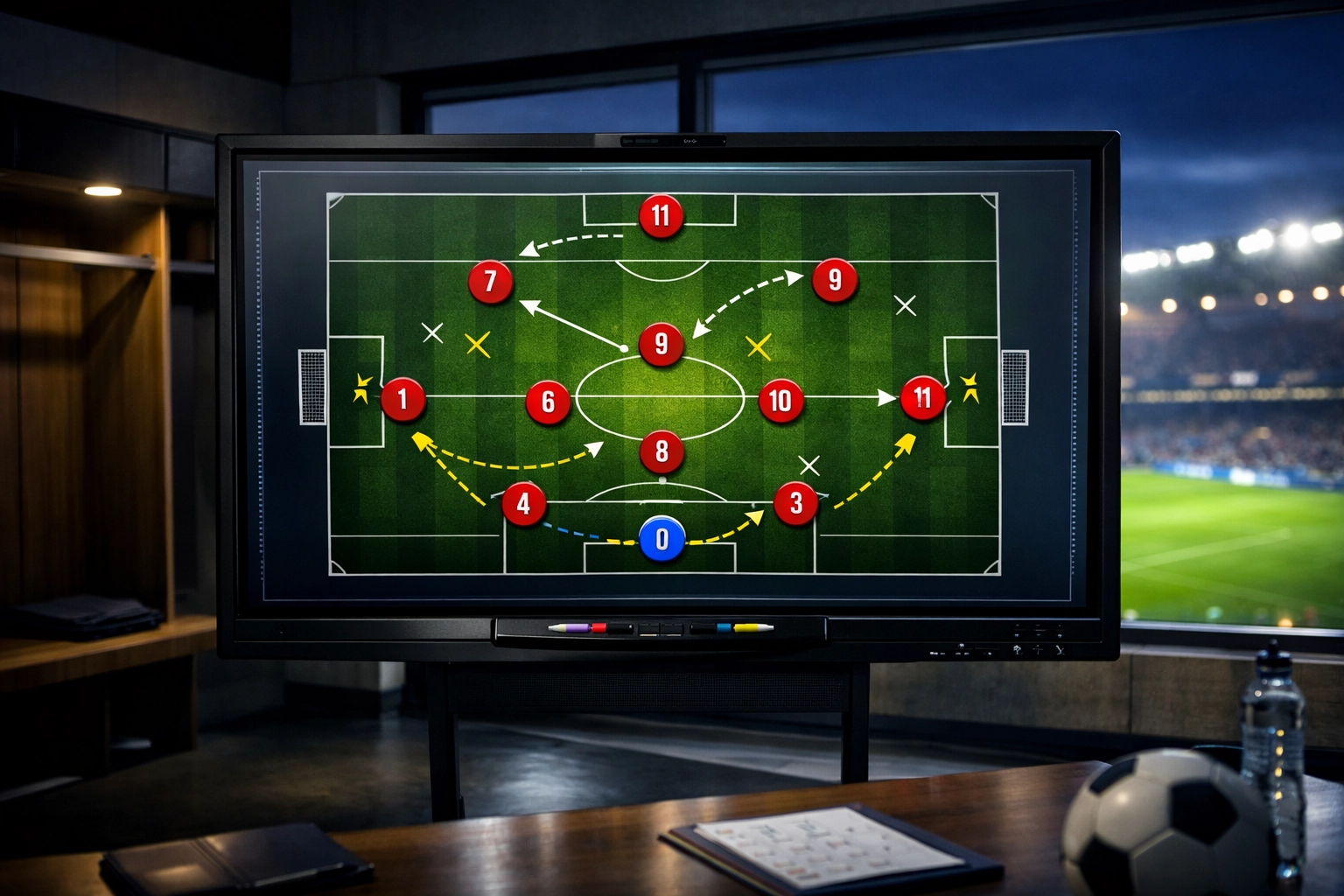 Digitale Taktiktafel mit 4-3-3 Formation zur strategischen Ausrichtung eines Fußball-Kaders.