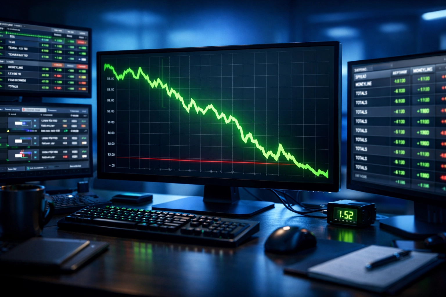 Trading-Desk mit Live-Quotenbewegungen und Closing Line Value Analyse auf mehreren Monitoren