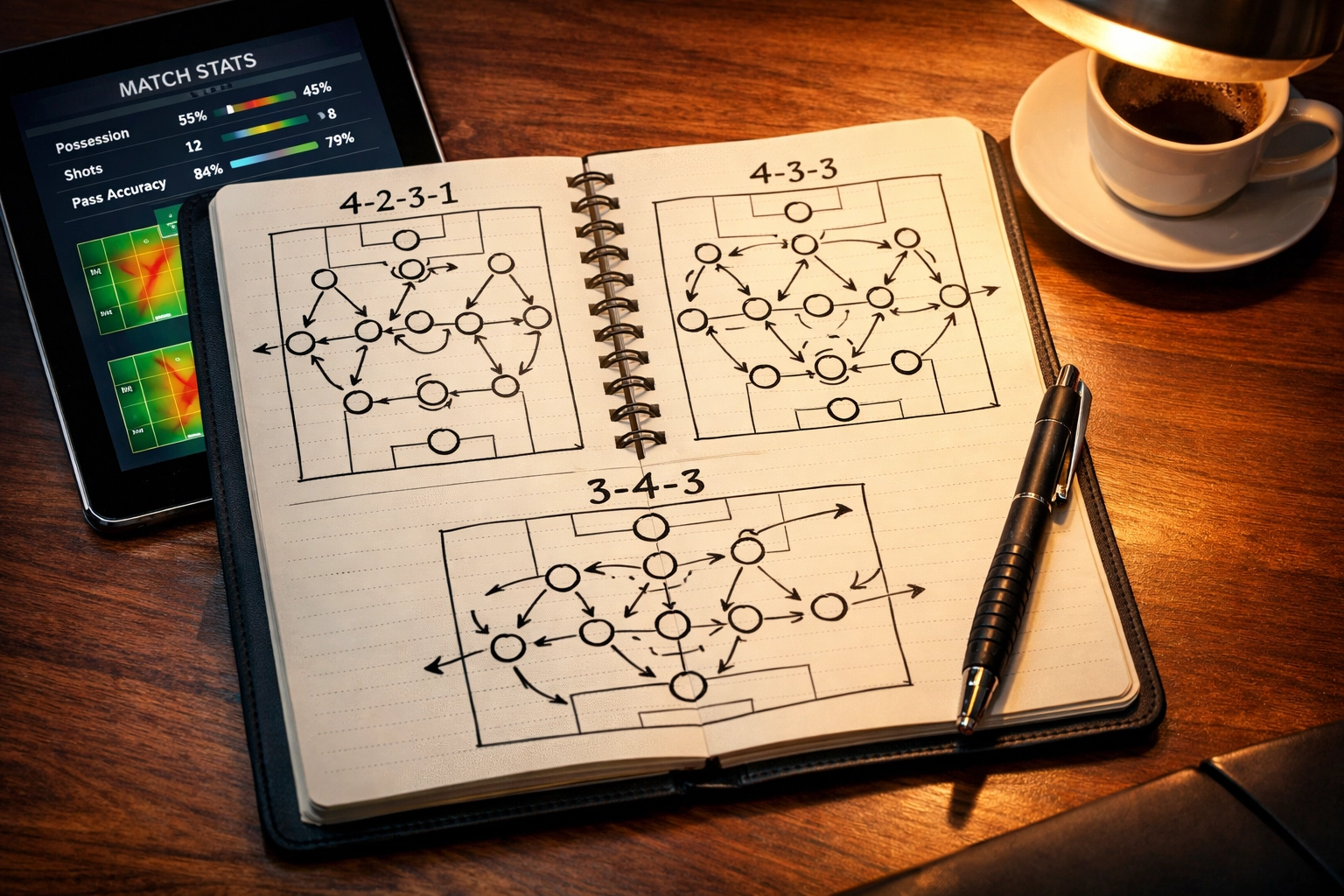 Taktikanalyse verschiedener Bundesliga-Formationen mit Diagrammen und Spielzügen