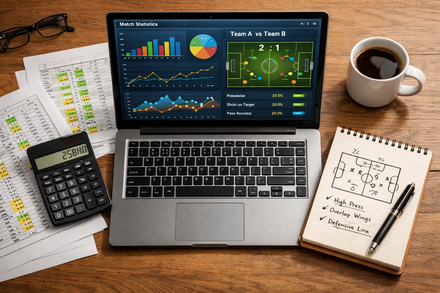 Arbeitsplatz mit Laptop und Torstatistiken für systematische Over 2.5 Wetten-Analyse