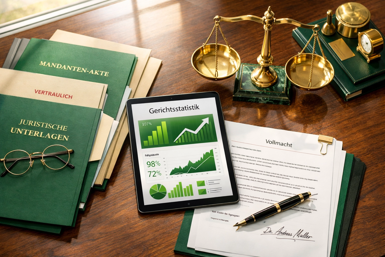 Anwalt-Schreibtisch mit Erfolgsstatistiken zu Sportwetten-Klagen in Deutschland