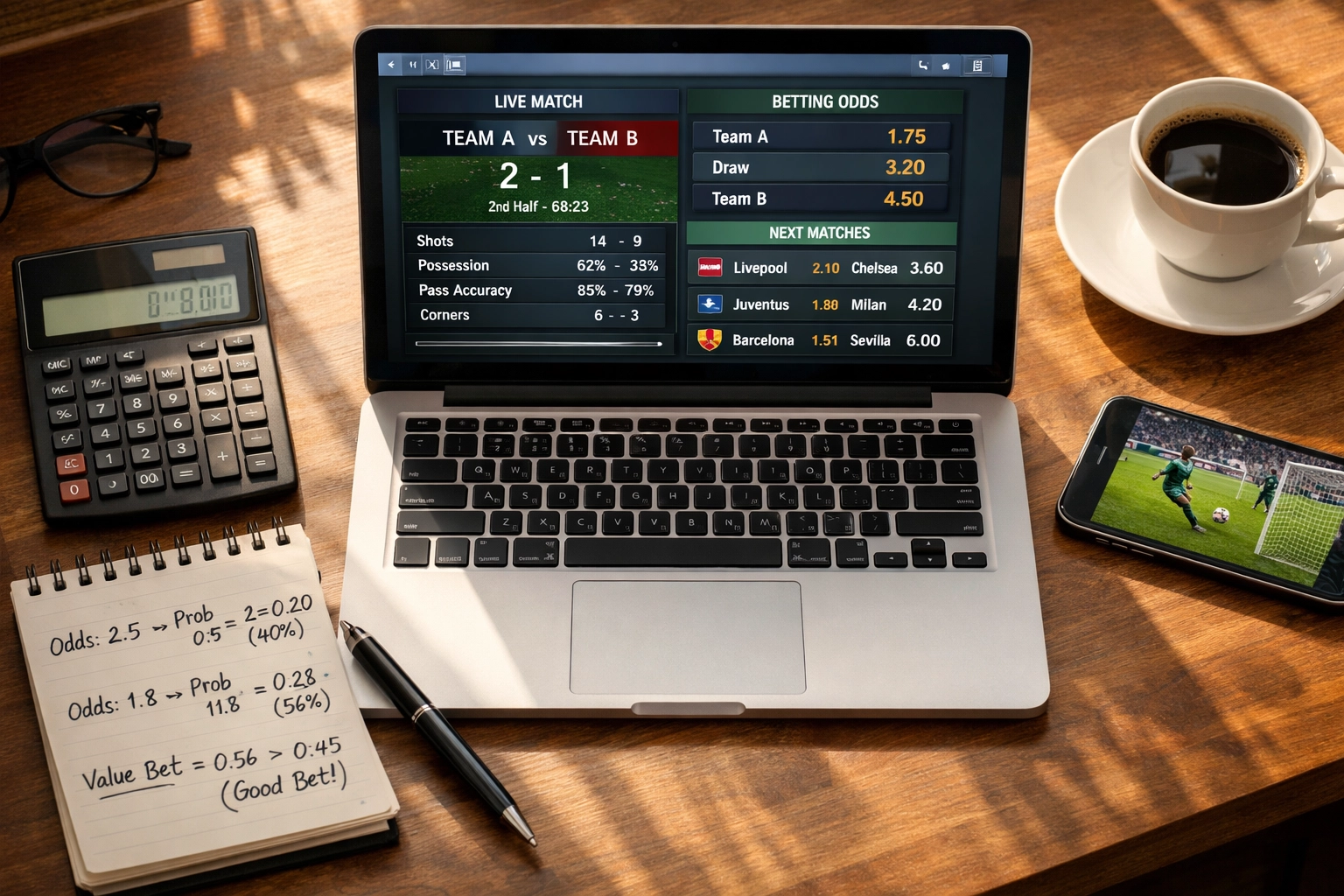 Sportwetten-Analyse mit Laptop, Taschenrechner und Wahrscheinlichkeitsberechnungen für Value-Wetten
