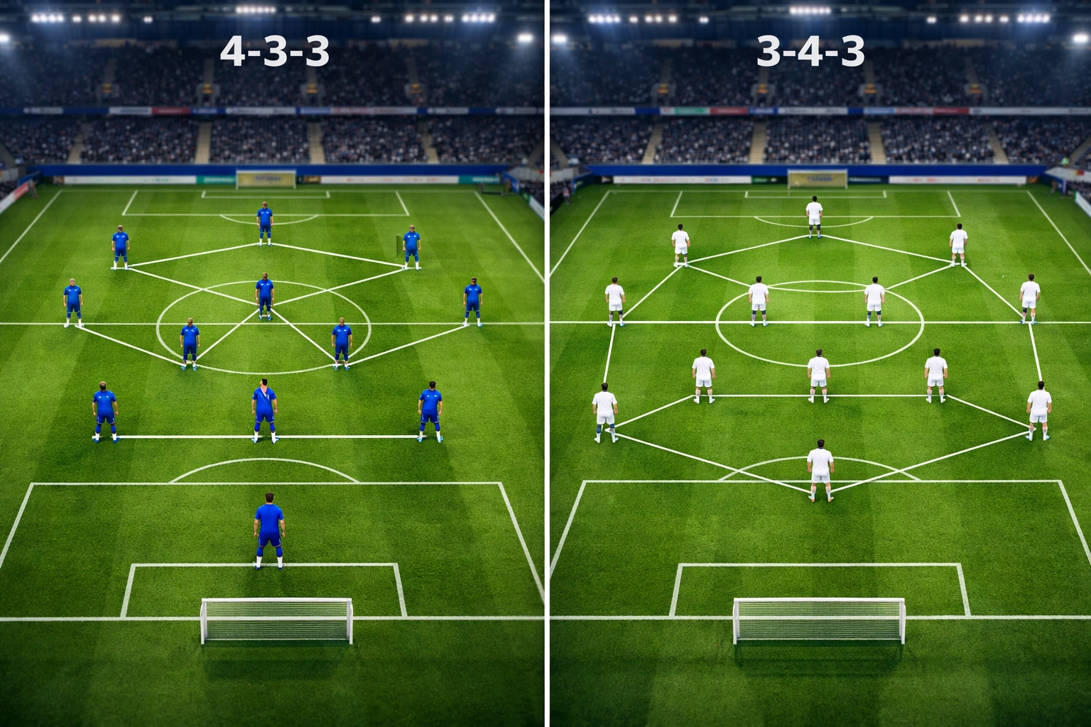 Systemvergleich Viererkette gegen Dreierkette auf Bundesliga-Stadionrasen im Taktik-Setup