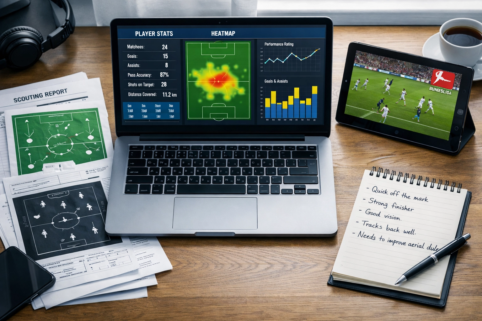 Bundesliga Talente Analyse mit Statistiken und Scouting-Daten auf Laptop-Bildschirm