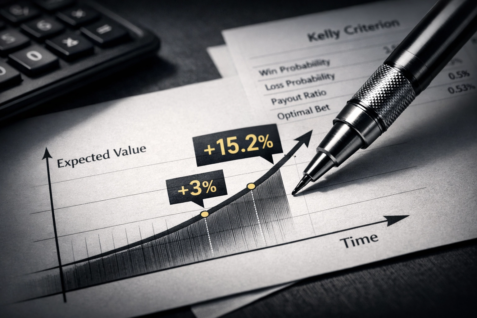 Finanzkurve zeigt Expected Value Wachstum mit positiven Prozentsätzen und Kelly-Kriterium Berechnungen