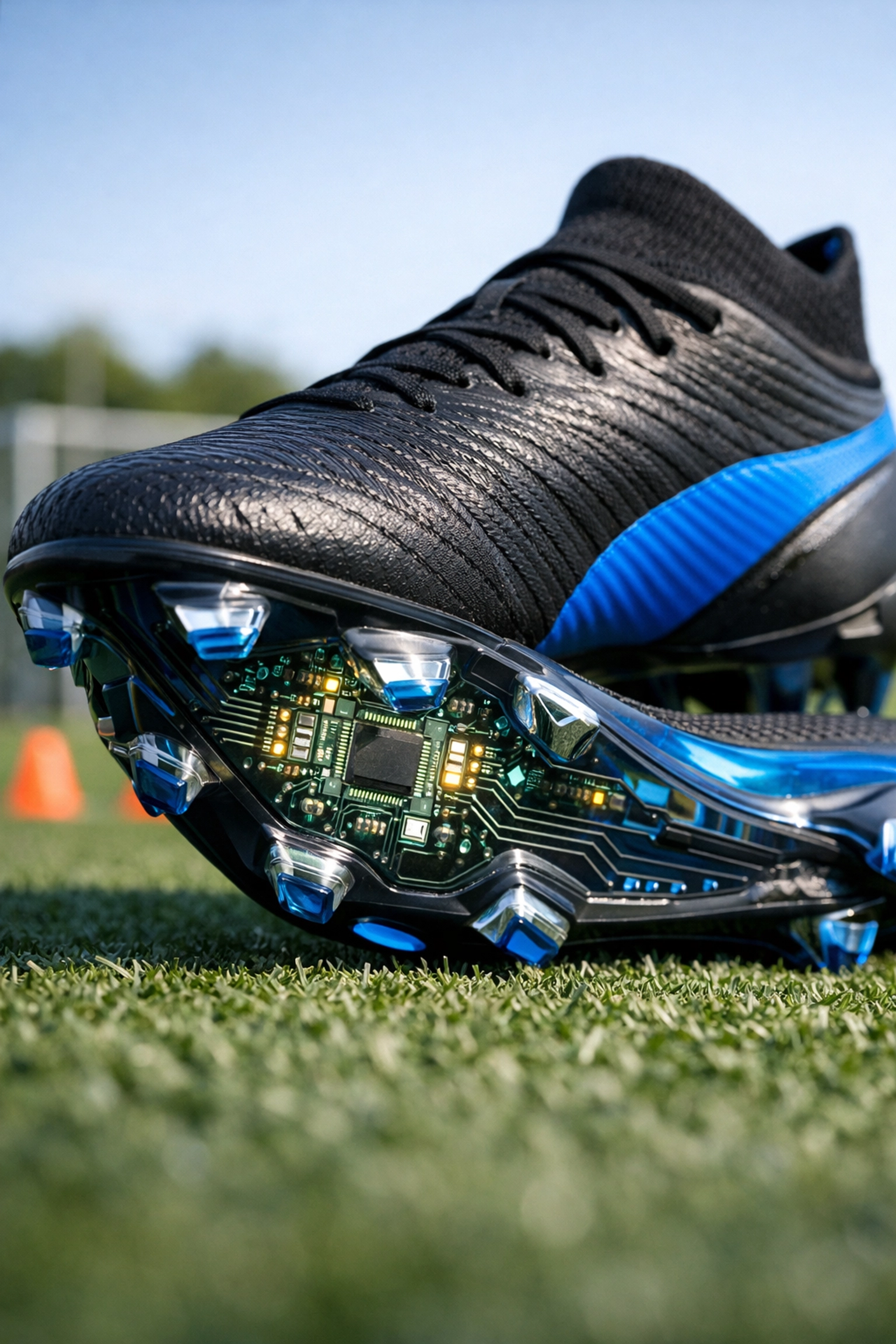 Moderner Fußballschuh mit integrierter Mikrochip-Technologie für Performance-Tracking im Training