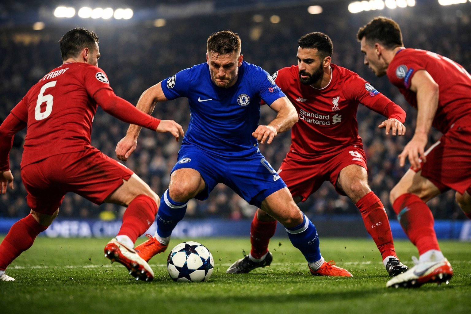 Intensives Gegenpressing im Champions League Mittelfeld mit mehreren Angreifern